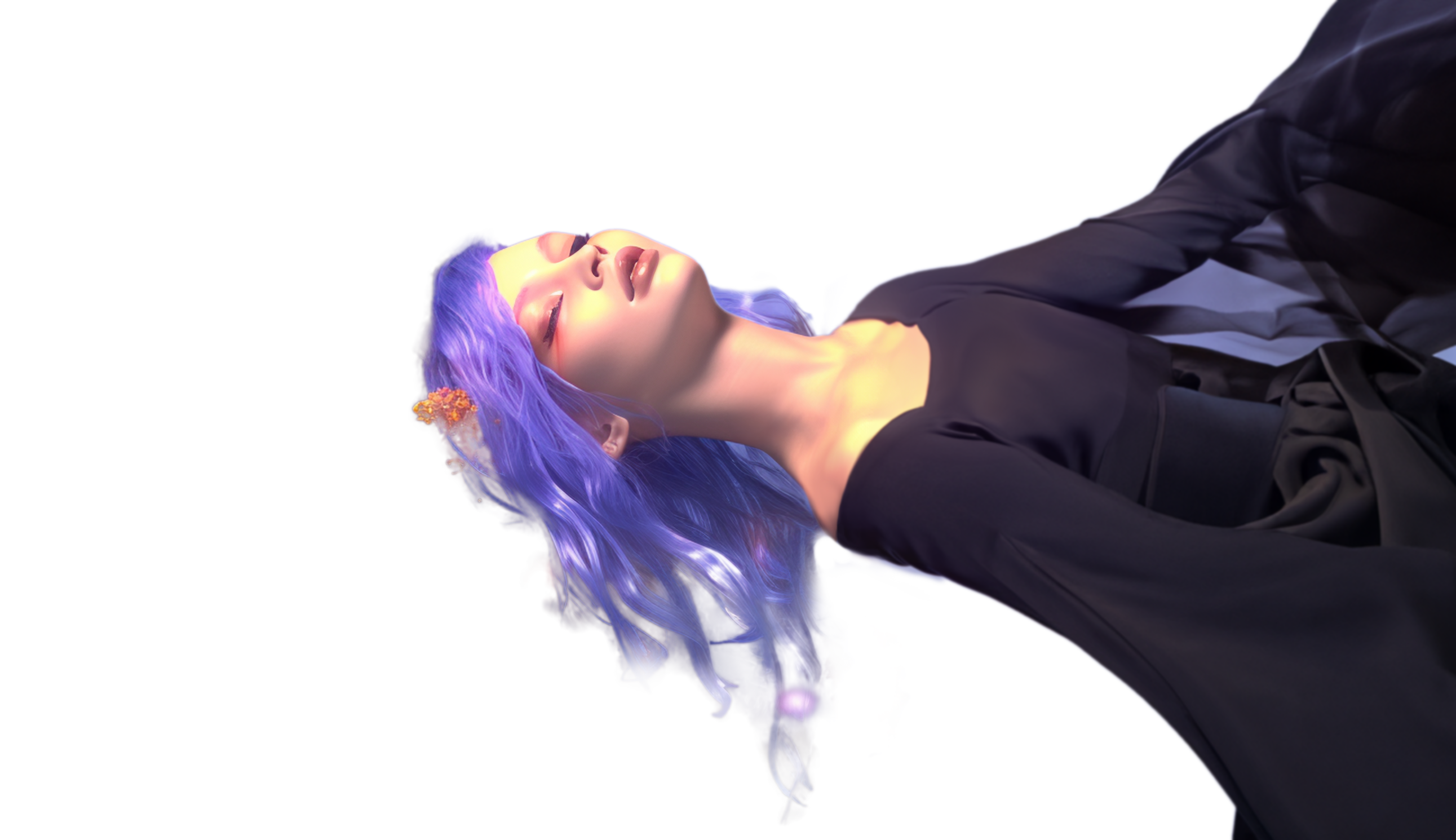 A floating woman with purple hair.